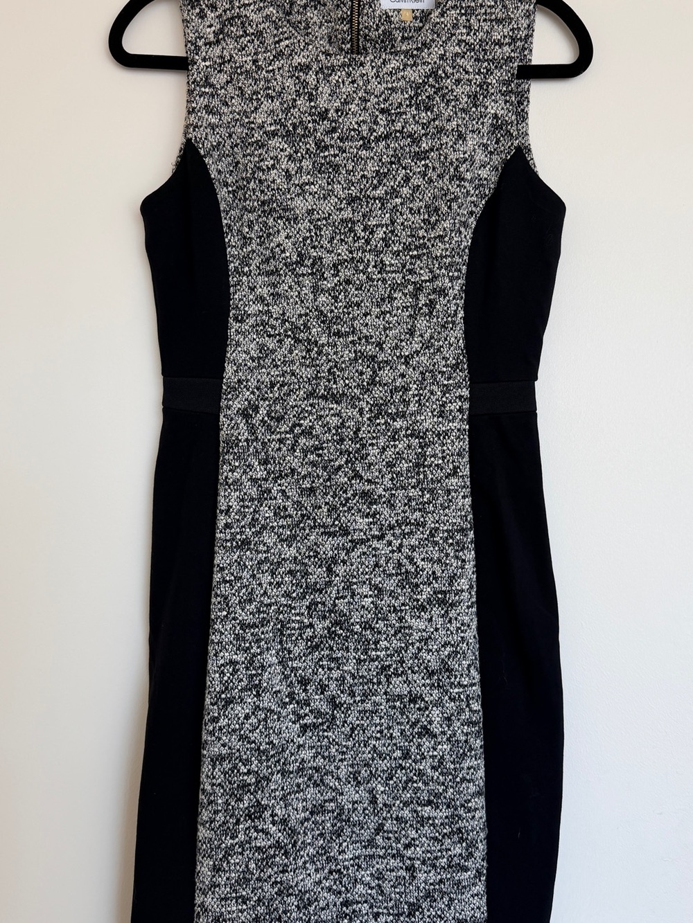 Calvin Klein Black and Gray Tweed-Front Midi Sheath Dress